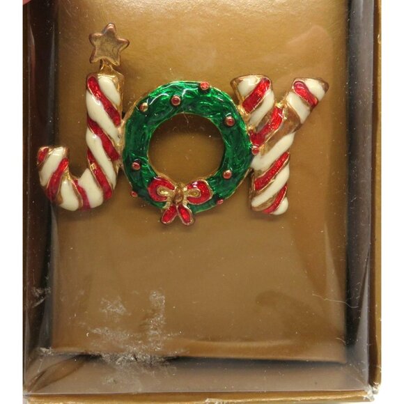 Joy Christmas Brooch 2" Gold Tone Pin Candy Cane Wreath Spellout Design New - Picture 3 of 13